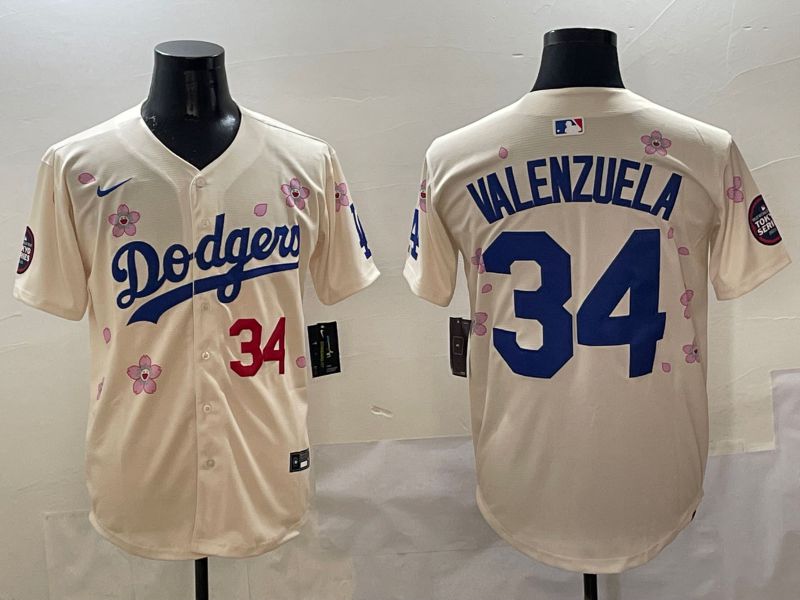 Men Los Angeles Dodgers 34 Valenzuela Cream White Blue Sakura Edition 2025 Nike MLB Jersey style 2
